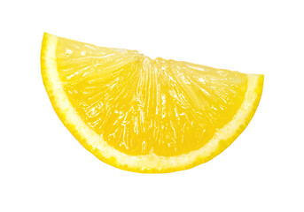 Ripe slice of yellow lemon fruit isolated on white background, cut out, juicy lemon.