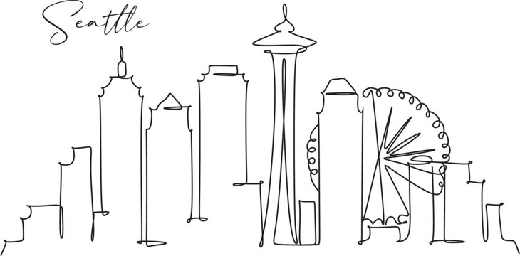 Seatlle city line drawing style with black on white background