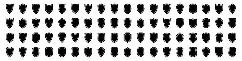 Set of flat silhouette icons of protective shields. Knightly military shield insignia of different shapes. Vector elements. - obrazy, fototapety, plakaty