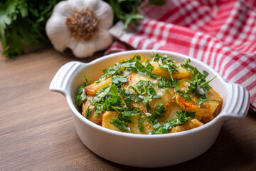 Traditional delicious Turkish food, Village style sour french fries (Turkish name; Koylu patates, eksili patates, Koy usulu eksili patates)
