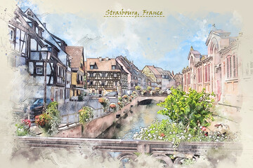 city life of Strasbourg in France  in sketch style - obrazy, fototapety, plakaty