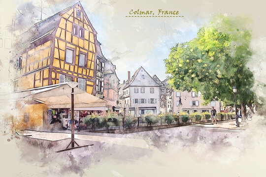 city life of Colmar in France  in sketch style