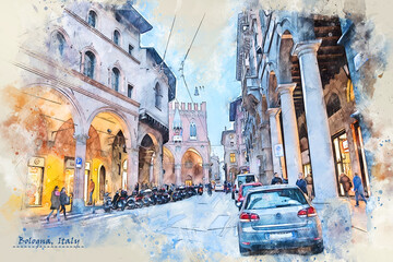 city life of Bologna, Italy,  in sketch style - obrazy, fototapety, plakaty