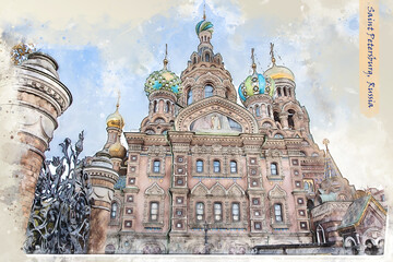 Fototapeta premium city life of Saint Petersburg, Russia, in sketch style
