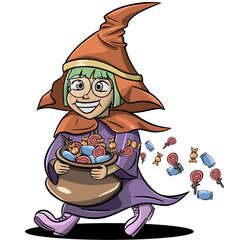 Vector illustration of little girl who love candies so much at Halloween. Perfect for greeting card or decoration for Halloween even.