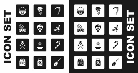 Set Scythe, Skull, Castle, fortress, Pumpkin basket sweets, Flying bat, Psilocybin mushroom, Christmas candy cane and on crossbones icon. Vector