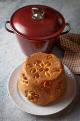 Turkish Perde Pilavi. Drape pilaf with chicken, almond and raisin. A local flavor Rice from Siirt region (Turkish name; Siirt perde pilavi)