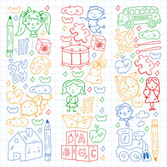 School, preschool, education. Creativity and imagination. Little children online education, e-learning.
