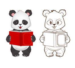 Coloring book: funny little panda holding a book in his hands. Vector ,illustration in cartoon style, black and white lineart