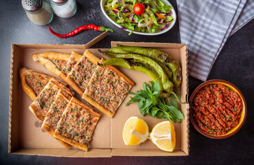 Traditional delicious Turkish food, meat pide (Turkish name; Kusbasi etli pide)