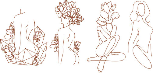 Minimal Woman Art. One Line Art. Naked Woman Wall Art. Nude Print. Naked Female Pose. Flower body 