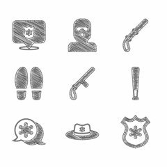 Set Police rubber baton, Sheriff hat with badge, Baseball, Hexagram sheriff, Footsteps, and icon. Vector