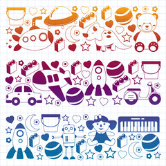 Kindergarten pattern with little children and toys. Creativity and imagination.