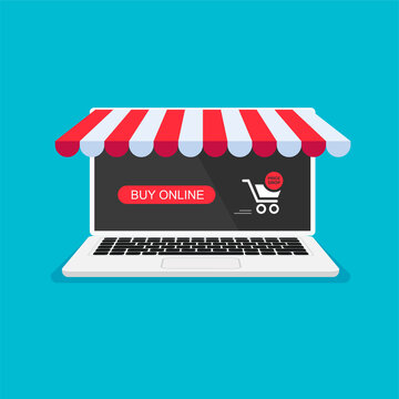 Shopping cart with red button. Online ordering notification on laptop screen. Home shopping. Vector illustration.	