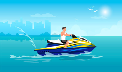 Man is driving on jet ski at sea resort. Cityscape with horizon and sun in the background. Concept of entertainment and recreation. Vector graphic illustration