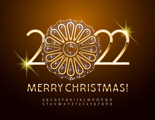 Vector Merry Christmas 2022 with Decorative Gold and Brilliant Flower. Slim Golden Font. Luxury Alphabet Letters and Numbers set