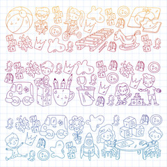 Obraz premium Kindergarten pattern with little children and toys. Creativity and imagination.