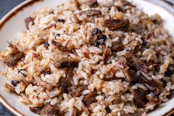 Traditional delicious Turkish food; rice pilaf with pine nuts and currants (Turkish name; ic pilav or pilaf)