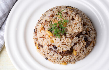 Traditional delicious Turkish food; rice pilaf with pine nuts and currants (Turkish name; ic pilav or pilaf)