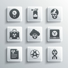 Set Biohazard symbol, Nuclear bomb, laptop, Acid rain and radioactive cloud, Radiation warning document, nuclear suitcase, Light bulb with concept of idea and Planet earth radiation icon. Vector