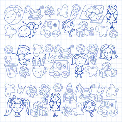 Kindergarten pattern with little children and toys. Creativity and imagination.