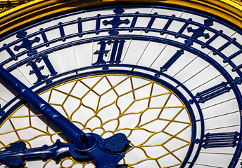 The Big Ben clock tower restored with dials and clock hands repainted Prussian blue, UK