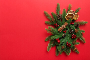 Christmas background with fir branches and Christmas decor. Top view, copy space for text