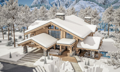 3d rendering of modern cozy chalet with pool and parking for sale or rent. Beautiful forest mountains on background. Massive timber beams columns. Cool winter day with shiny white snow.