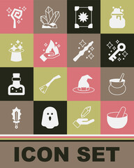 Set Witch cauldron, Old magic key, Ancient book, Hand holding fire, Magic hat, staff and wand icon. Vector