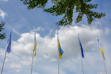 Flag of Ukraine and the European Union at sports competitions. Ternopil, Ukraine.