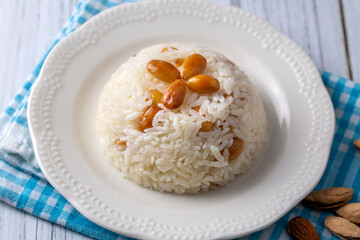 Traditional delicious Turkish food; Almond rice pilaf (Turkish name; Bademli pirinc pilavi)