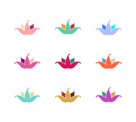 Set of 9 Colorful Stylized Simple Lotus Icons. Vector Illustration Isolated on White.