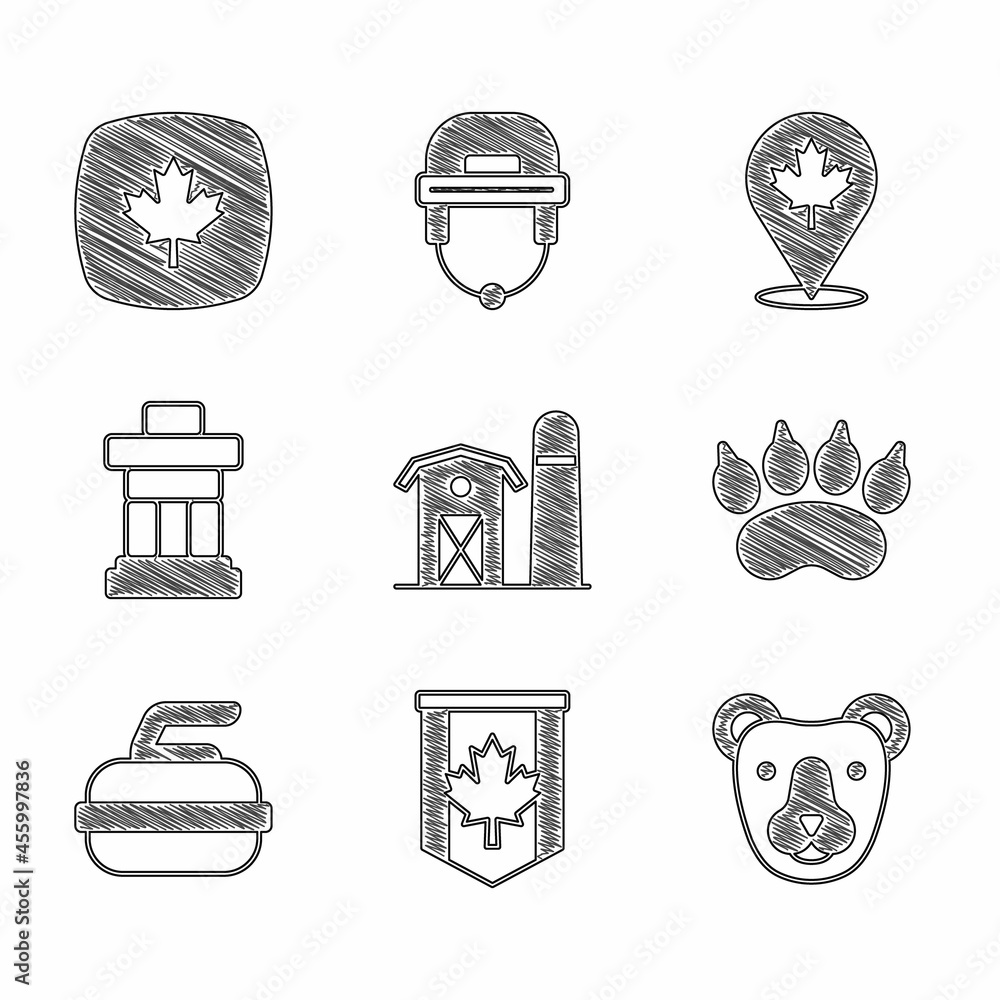 Wall mural Set Farm house, Pennant flag of Canada, Bear head, paw footprint, Stone for curling, Inukshuk, Canadian maple leaf and icon. Vector