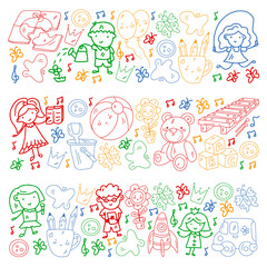 Kindergarten pattern with little children and toys. Creativity and imagination.
