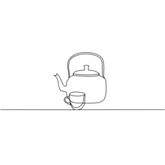 Continuous line drawing of teapot with mug, object one line, single line art, vector illustration