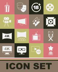 Set Movie trophy, Director movie chair, spotlight, Plus 18, Megaphone, Retro cinema camera, Paper glass with water and Cinema ticket icon. Vector