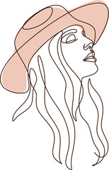 Woman in hat Continuous one line art. Minimalist portrait of female with abstract pastel shape for a logo, emblem or web banner. Beauty boho modern illustration