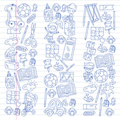 Kindergarten pattern with little children and toys. Creativity and imagination.