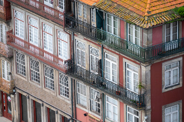 Porto, Portugal, October 31,2020. View on colorful old houses on hill in old part of city and...