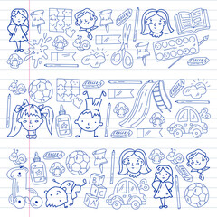 Kindergarten pattern with little children and toys. Creativity and imagination.