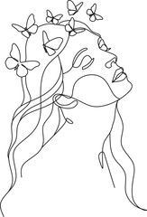 Butterfly Surreal Woman Face  line art.  Abstract face with butterfly one line drawing. Portrat minimalistic style. Fashion concept, woman beauty minimalist, poster with minimal woman face 