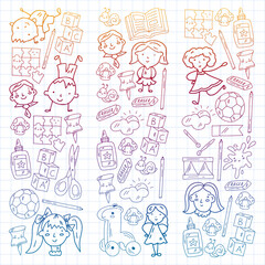 Kindergarten pattern with little children and toys. Creativity and imagination.