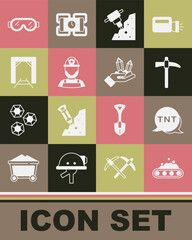 Set Conveyor belt carrying coal, Dynamite, Pickaxe, Construction jackhammer, Miner helmet, entrance, Safety goggle glasses and Gem stone icon. Vector