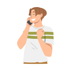 Excited Male Receiving Good News Speaking by Phone and Smiling Happily Vector Illustration