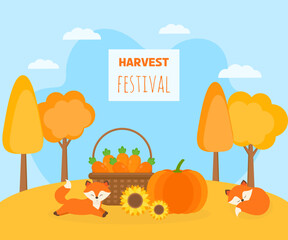 Harvest festival banner. This is a landscape with a tree, fox, pumpkin, and basket with carrots. Could be used for flyers, postcards, banners, holidays decorations, etc.