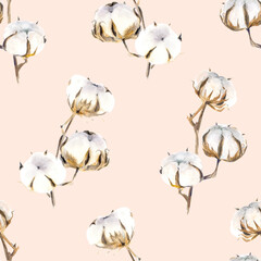 Watercolor white cotton seamless pattern. Boho winter repeat pattern for fabric. Cozy winter floral pattern for packaging, apparel, home decor