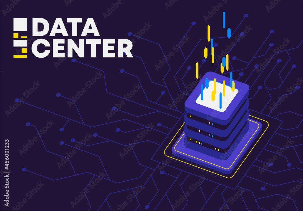 Poster vector illustration of a data center object with incoming information traffic on a background with d