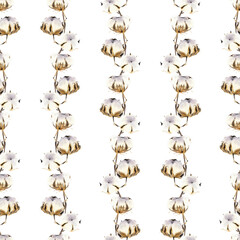 Watercolor white cotton seamless pattern. Boho winter repeat pattern for fabric. Cozy winter floral pattern for packaging, apparel, home decor