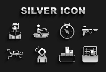 Set Aqualung, Fishing harpoon, Water polo, Winner podium, Scuba diver, Compass, Wetsuit for scuba diving and Jet ski icon. Vector