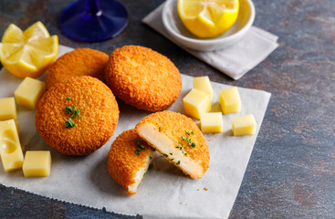 Homemade cheese croquettes. A delicious starter homemade cheese croquettes with a piece of lemon on...